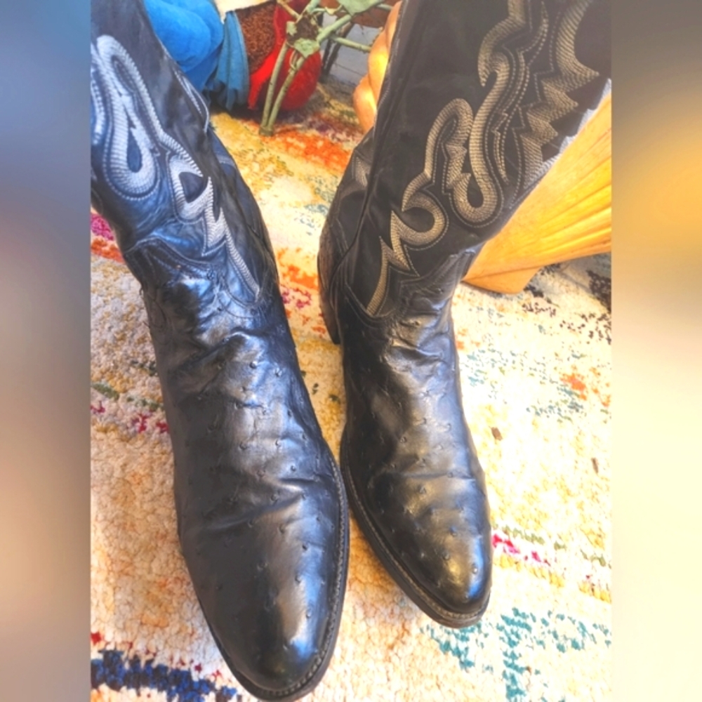 DAN POST Tempe Ostrich Black Biker Moto Dress Western Cowboy Boots 12D UNISEX